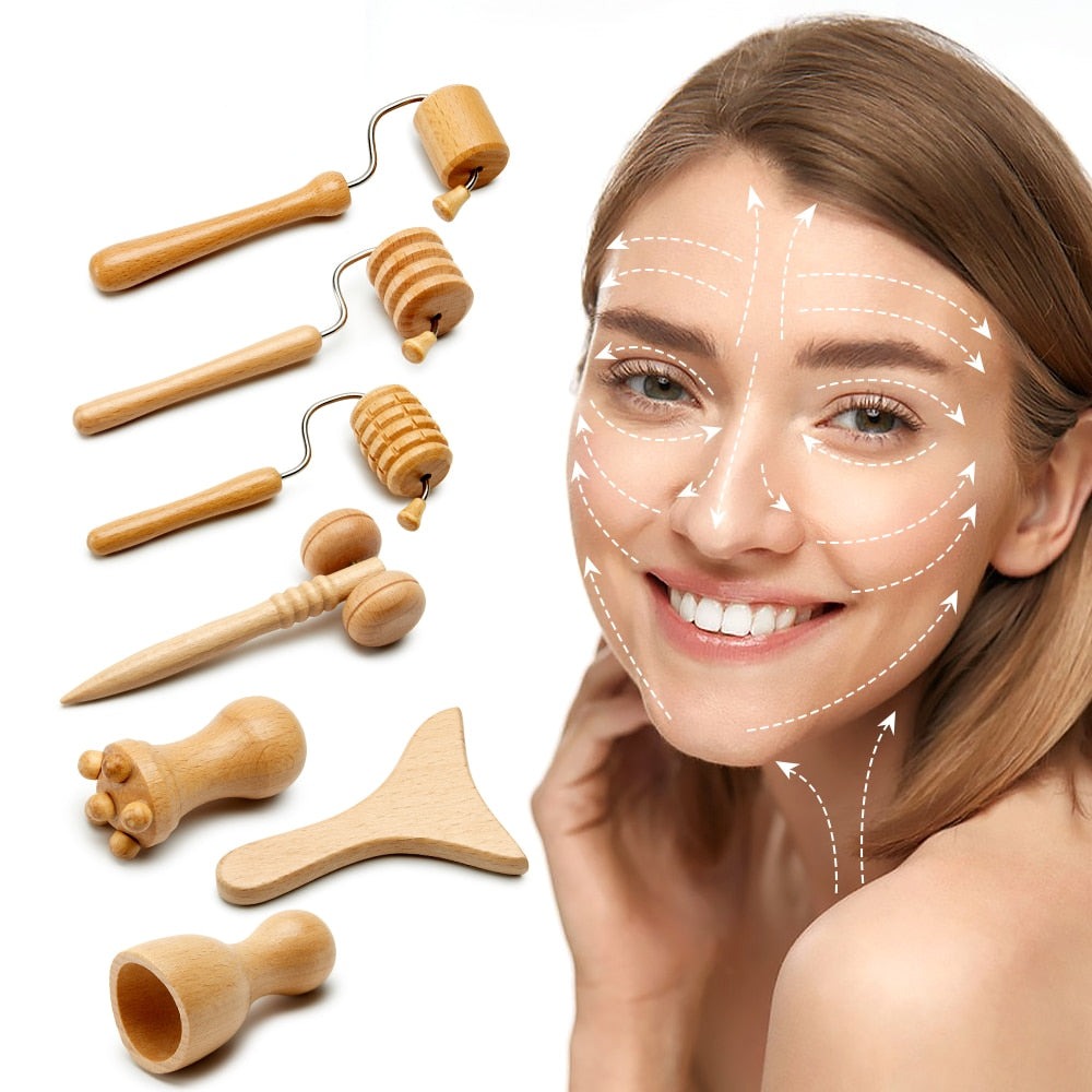 Kit Complet de Massage en Bois de Hêtre (7 accessoires inclus)
